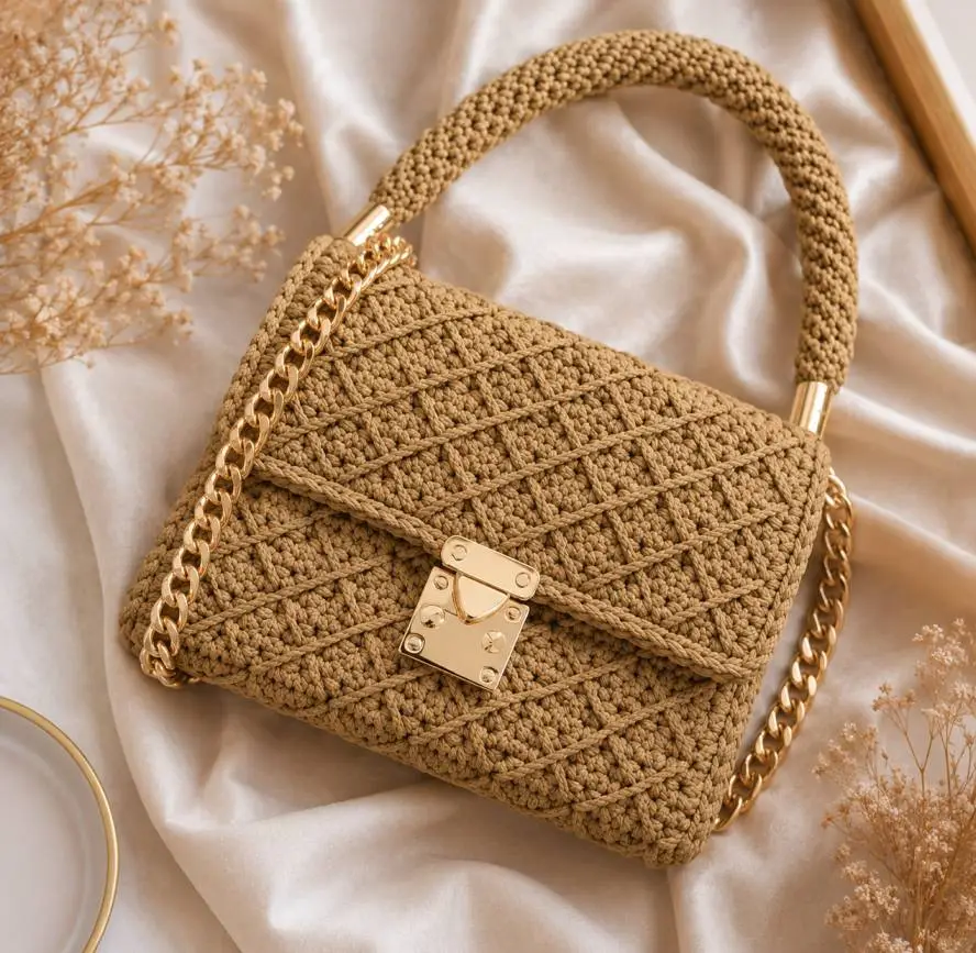 Beige gehäkelte Canvas-Handtasche mit Klappe und Goldkette – moderne Tasche häkeln Anleitung zum Selbermachen.